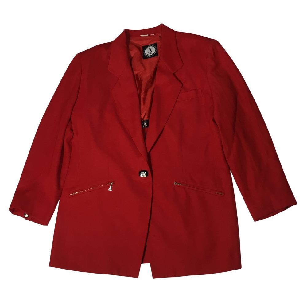 Anne Klein A-Line Red Wool Blend Single Button Blazer Jacket Zipper Pockets L
